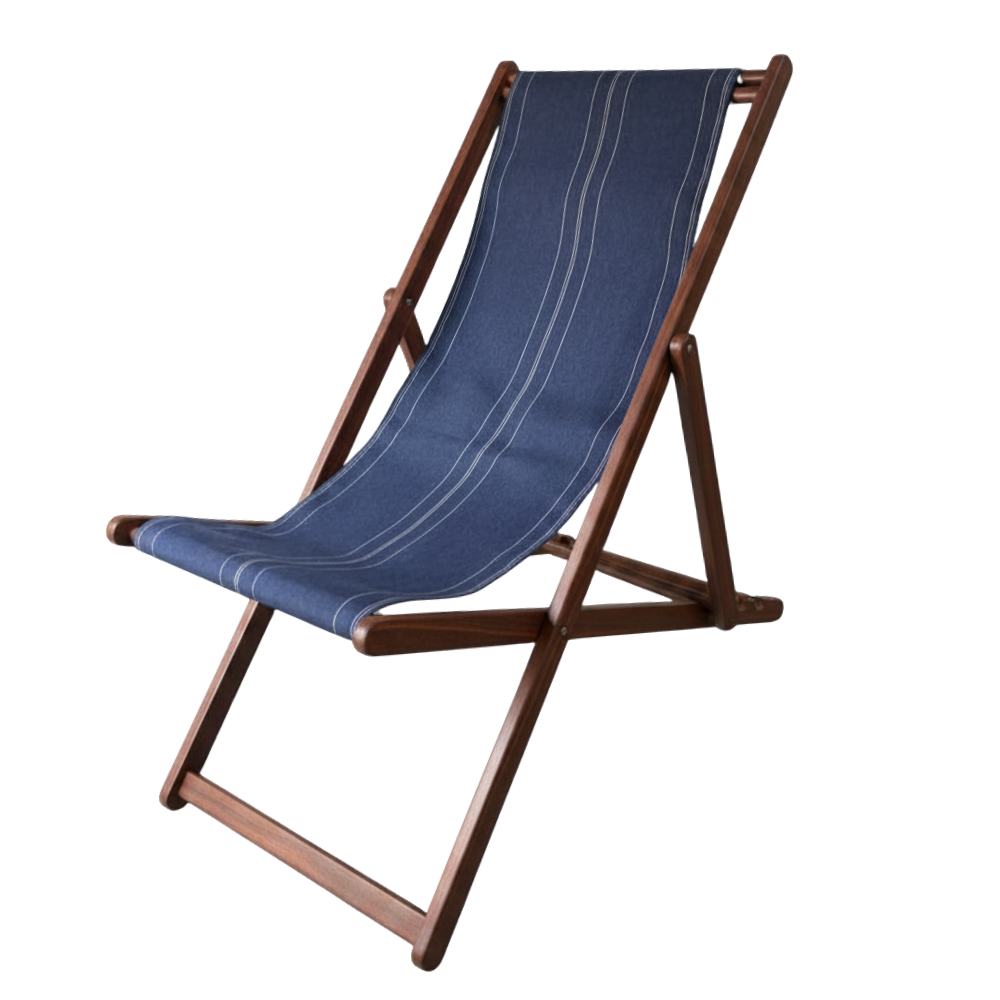 A blue and white striped replacement sling for a deckchair, displayed on a wooden frame against an indoor background.