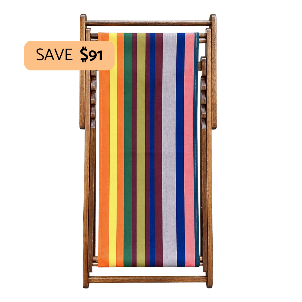 A wooden folding deck chair with a vibrant multicolor striped fabric sling, shown on a plain white background with a 'SAVE $91' promotional badge overlay.