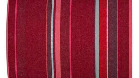 Cotton fabric roll featuring a deep ruby crimson ground with tonal stripes of fuchsia, rose, burgundy, bright red and fine grey accent lines.