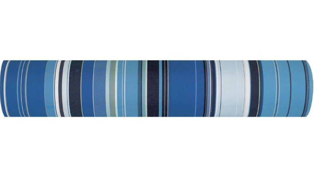 Rue du Bac Bleu cotton fabric roll with multiple shades of striped blue. Les Toiles du Soleil 100% cotton fabric