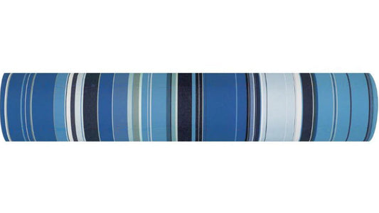 Rue du Bac Bleu cotton fabric roll with multiple shades of striped blue. Les Toiles du Soleil 100% cotton fabric