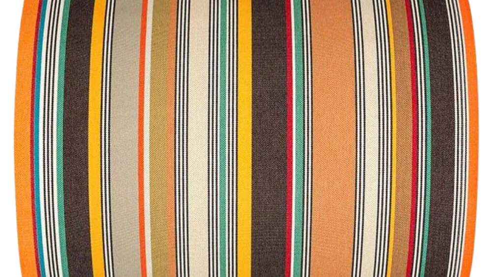 Cotton fabric roll featuring densely woven stripes of orange, dark brown, golden yellow, teal, sand, olive, red and cream, with fine black and white pin lines throughout and bright orange selvedge edges.