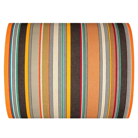Cotton fabric roll featuring densely woven stripes of orange, dark brown, golden yellow, teal, sand, olive, red and cream, with fine black and white pin lines throughout and bright orange selvedge edges.