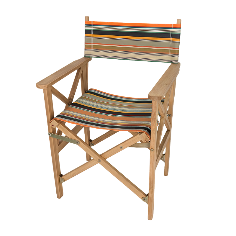 Teak directors chair featuring densely woven stripes of orange, dark brown, golden yellow, teal, sand, olive, red and cream, with fine black and white pin lines throughout and bright orange selvedge edges.