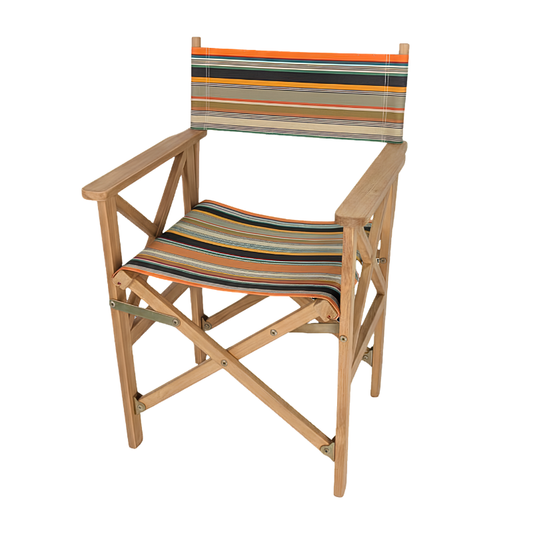 Teak directors chair featuring densely woven stripes of orange, dark brown, golden yellow, teal, sand, olive, red and cream, with fine black and white pin lines throughout and bright orange selvedge edges.