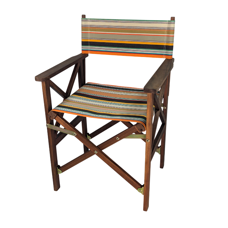Hardwood directors chair featuring densely woven cotton stripes of orange, dark brown, golden yellow, teal, sand, olive, red and cream, with fine black and white pin lines throughout and bright orange selvedge edges.