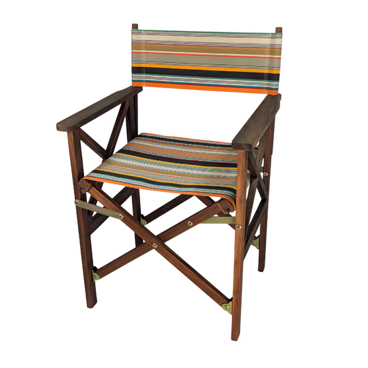 Hardwood directors chair featuring densely woven cotton stripes of orange, dark brown, golden yellow, teal, sand, olive, red and cream, with fine black and white pin lines throughout and bright orange selvedge edges.
