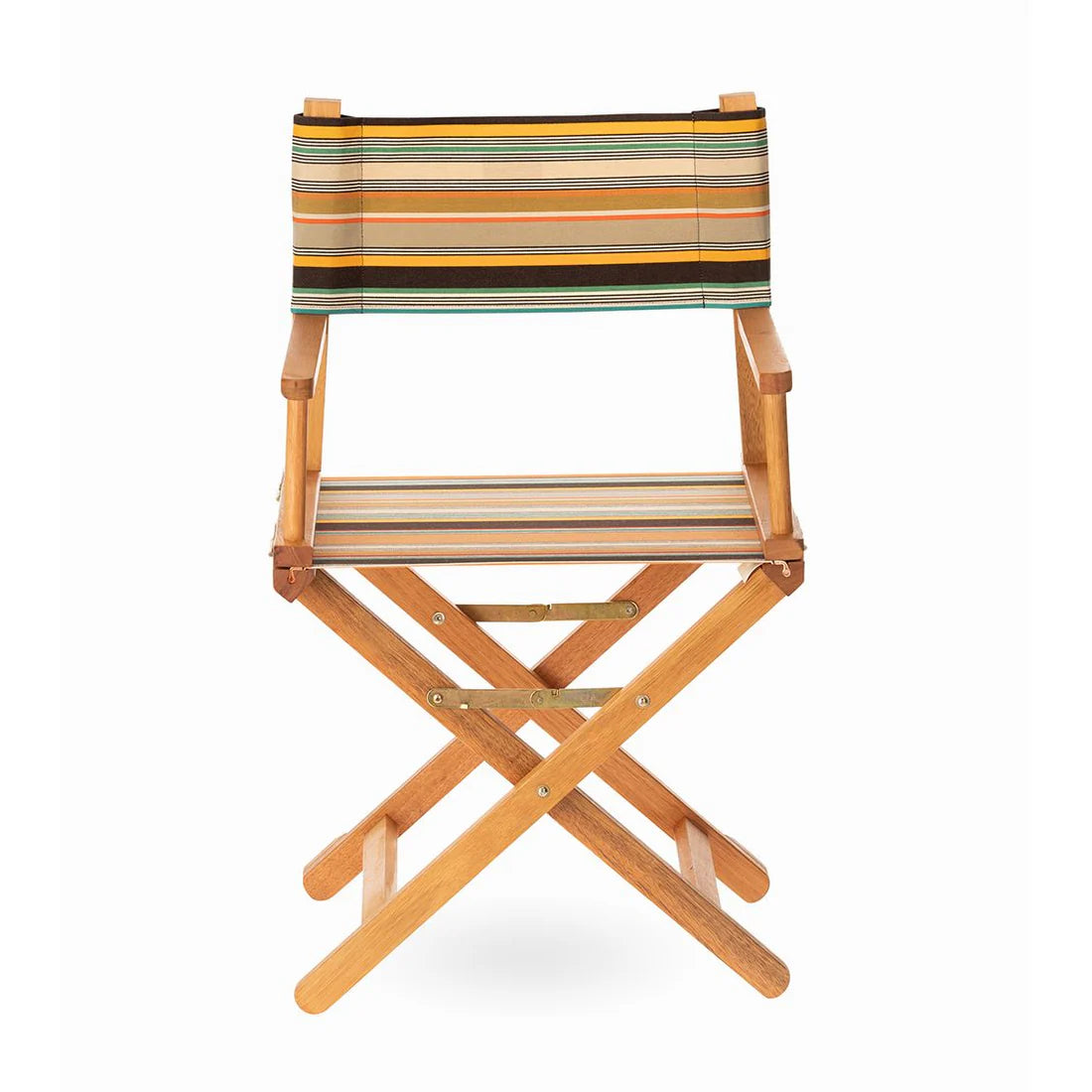 Wooden directors chair with cotton fabric featuring densely woven stripes of orange, dark brown, golden yellow, teal, sand, olive, red and cream, with fine black and white pin lines throughout and bright orange selvedge edges.