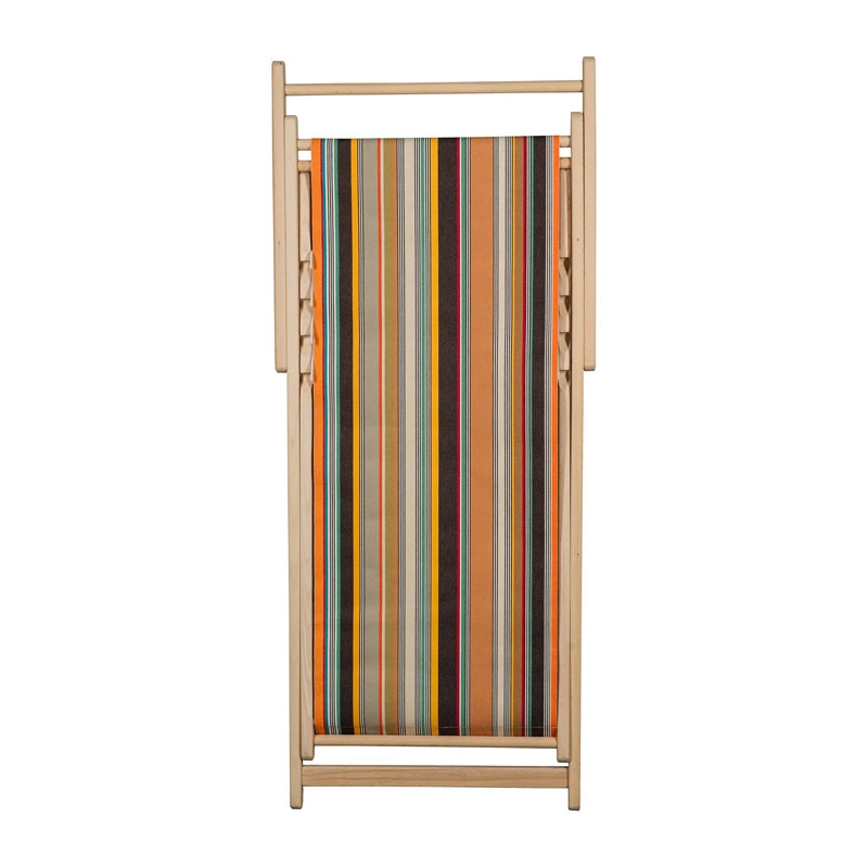Unfolded wooden deckchair  with cotton fabric featuring densely woven stripes of orange, dark brown, golden yellow, teal, sand, olive, red and cream, with fine black and white pin lines throughout and bright orange selvedge edges.