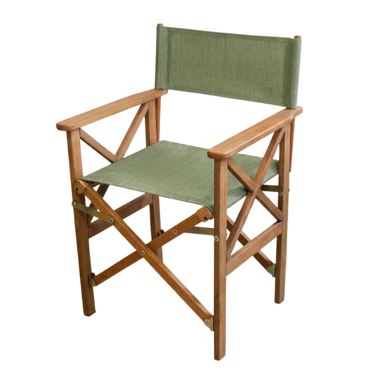 Sage coloured Sunbrella directors chairs sling on a teak wooden directors chair frame. On a plain background
