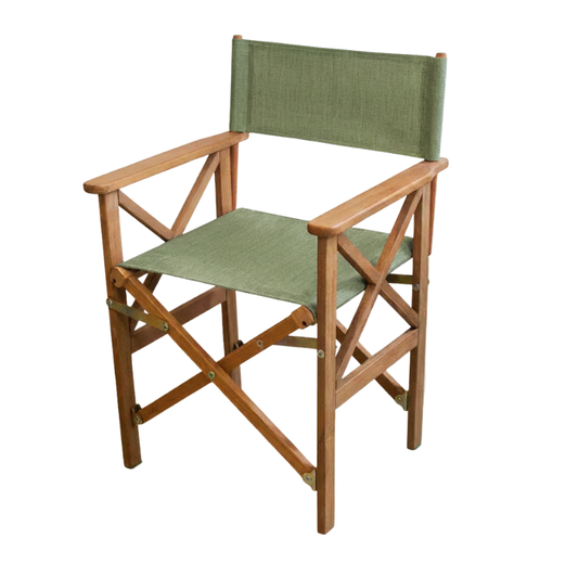 Sage coloured Sunbrella directors chairs sling on a teak wooden directors chair frame. On a plain background