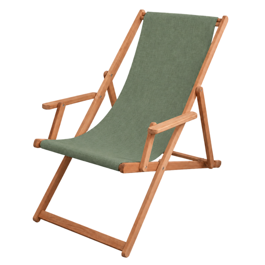 Sage chile synthetic waterproof Sunbrella fabric deckchair with teak wood frame, fully reclined, placed against a white wall.