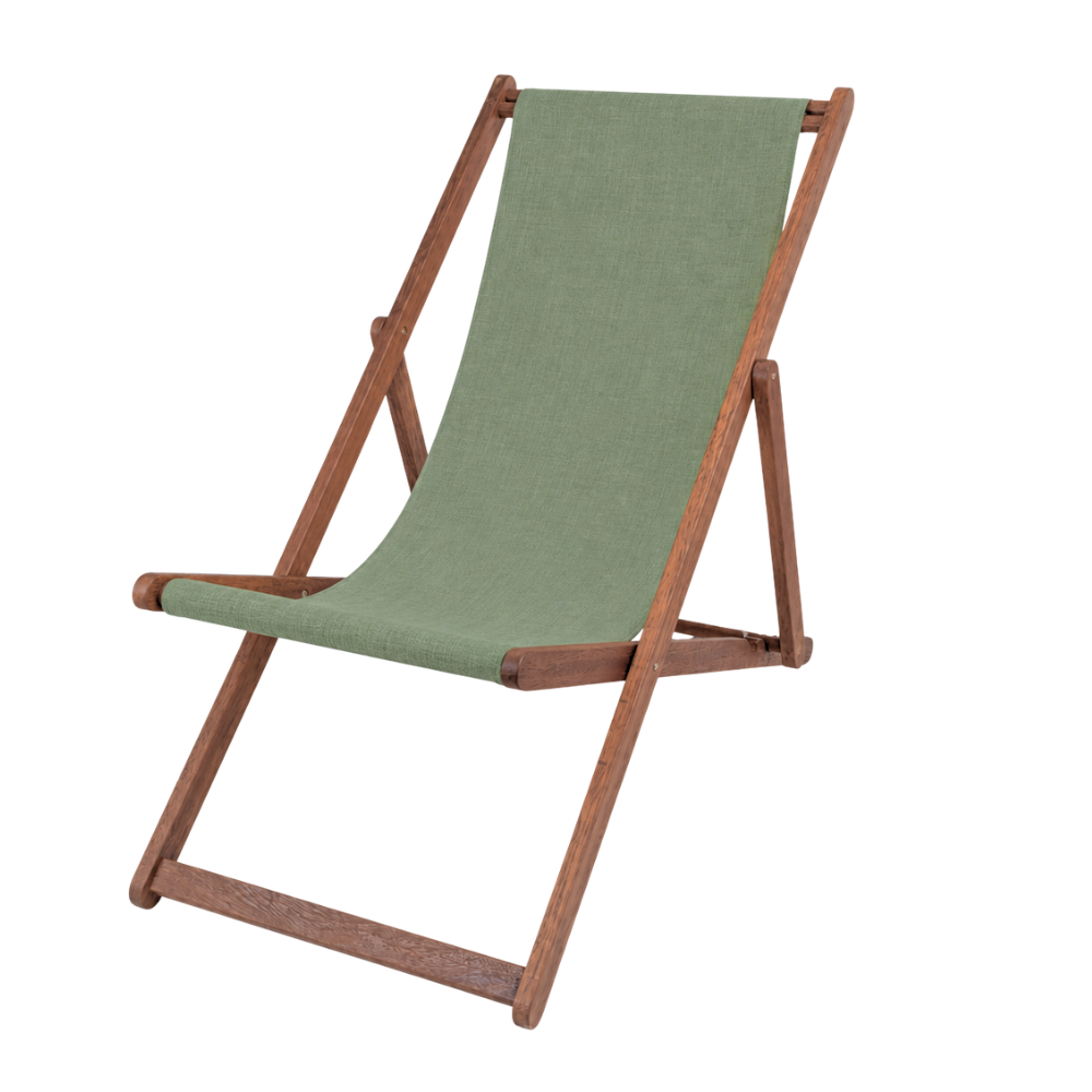Hardwood deckchair with Sage coloured Sunbrella fabric sling. On a plain background