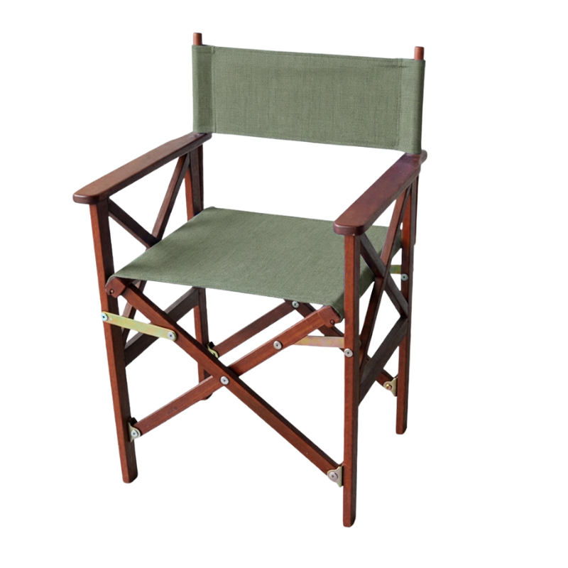 Hardwood directors chair with Sunbrella Sage Chilé water proof coloured slings. On a plain background