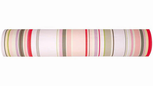 Sakura striped Les Toiles du Soleil 100% cotton fabric roll. Soft tones of white, beige, and blush pink reflect the gentle arrival of spring.
