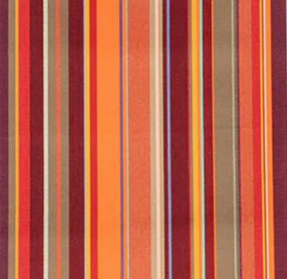 Colourful striped cotton fabric with vertical red, orange, and multicoloured stripes on a white background