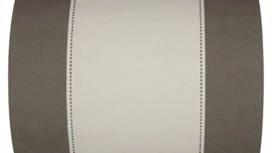 Cotton fabric on white background featuring broad stripes of warm taupe and soft écru, the delicate dotted lines between them