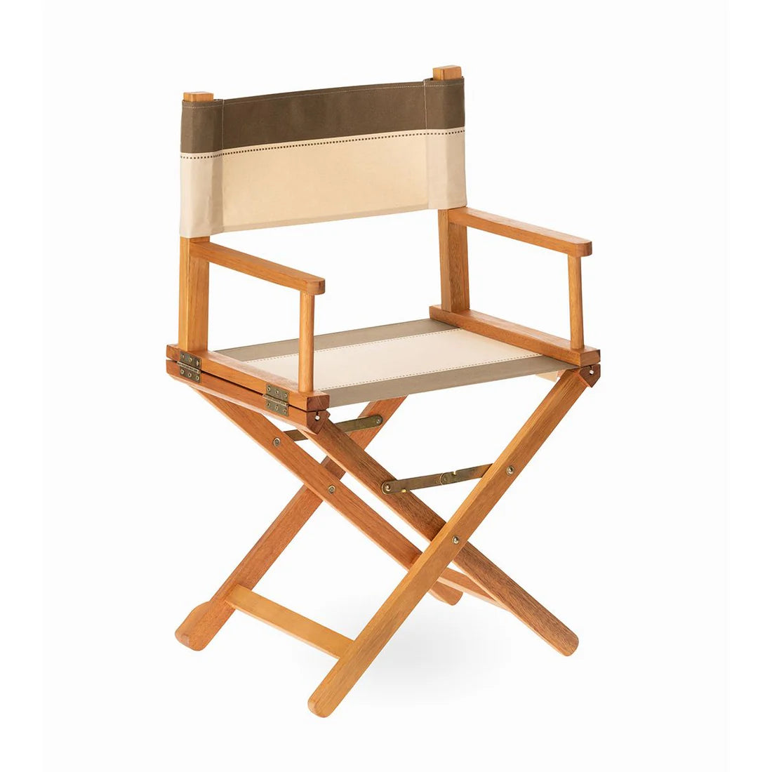 Wooden directors chair with cotton fabric featuring broad stripes of warm taupe and soft écru, the delicate dotted lines between them. On a white background.
