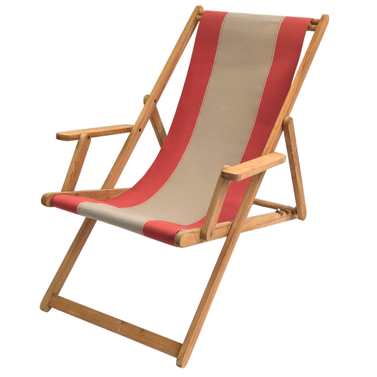 Teak deckchair with arms featuring a cotton Les Toiles du Soleil fabric with beige and terracotta red edges, on a white background.