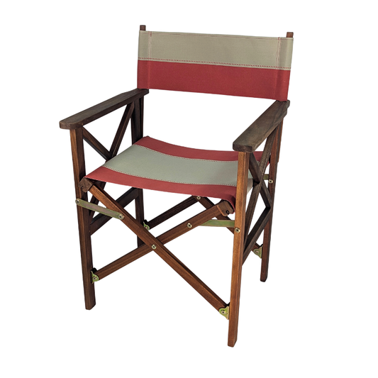 Hardwood directors chair with terracotta /red and beige striped cotton fabric featuring dotted lines between each stripe. O a white background