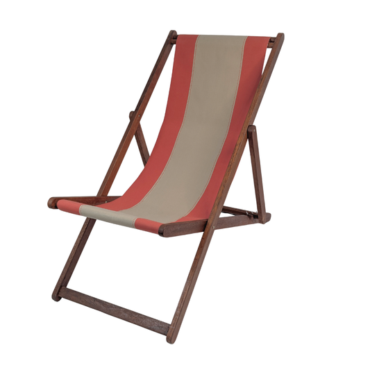Hardwood folding deckchair  with terracotta and beige striped cotton fabric featuring dotted lines between each stripe. On a white background