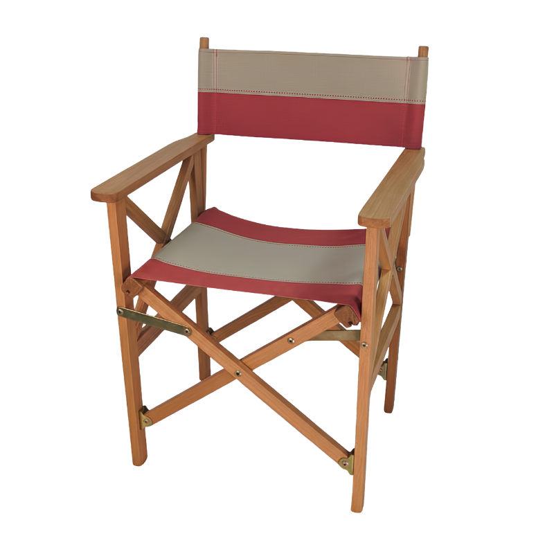 Teak directors chair with terracotta and beige striped cotton fabric featuring dotted lines between each stripe