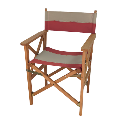 Teak directors chair with terracotta and beige striped cotton fabric featuring dotted lines between each stripe