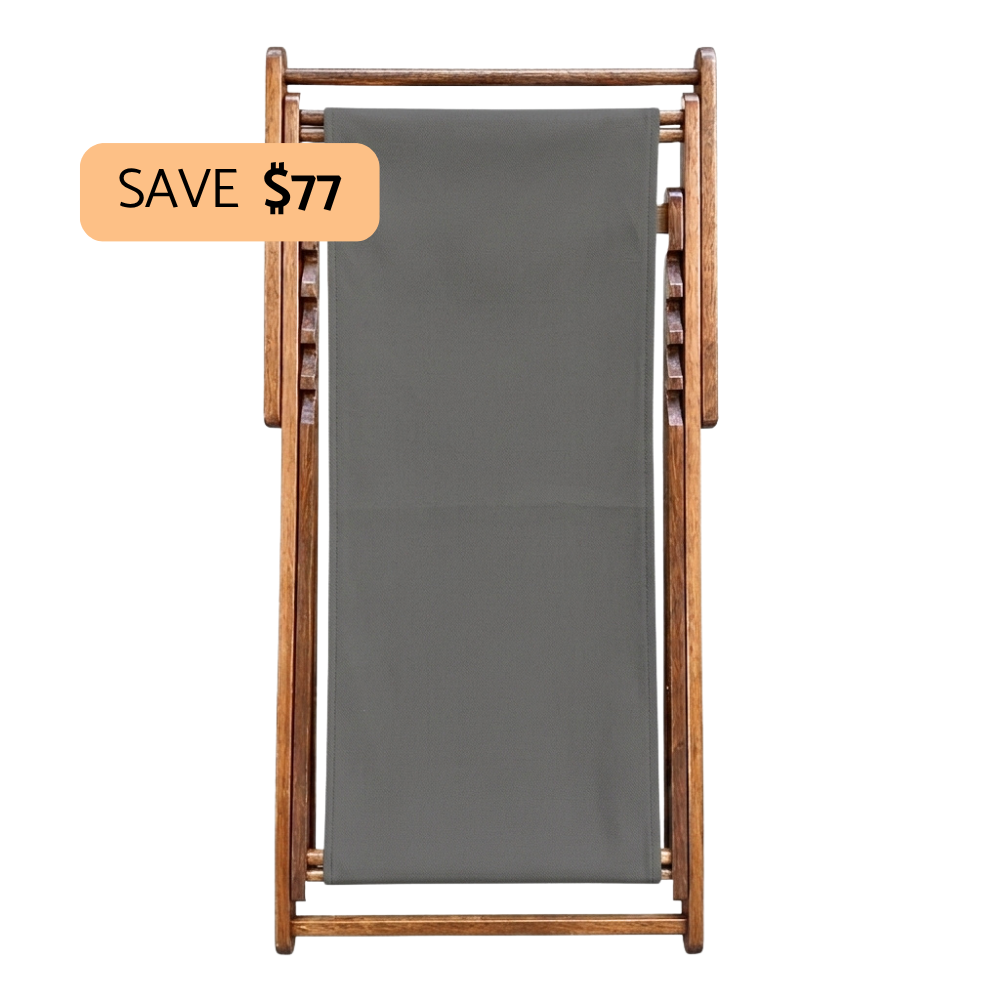 A wooden folding beach chair with a dark gray fabric sling, shown on a plain white background with an orange 'SAVE $77' promotional badge in the top left corner.