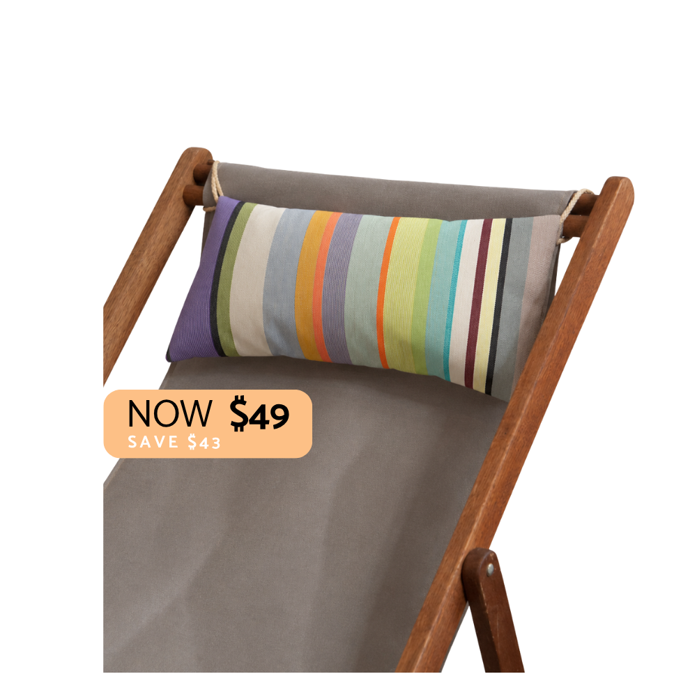 Pastel multi-coloured striped head cushion on Taupe deckchair. With plain background and a SALE "Now $49"