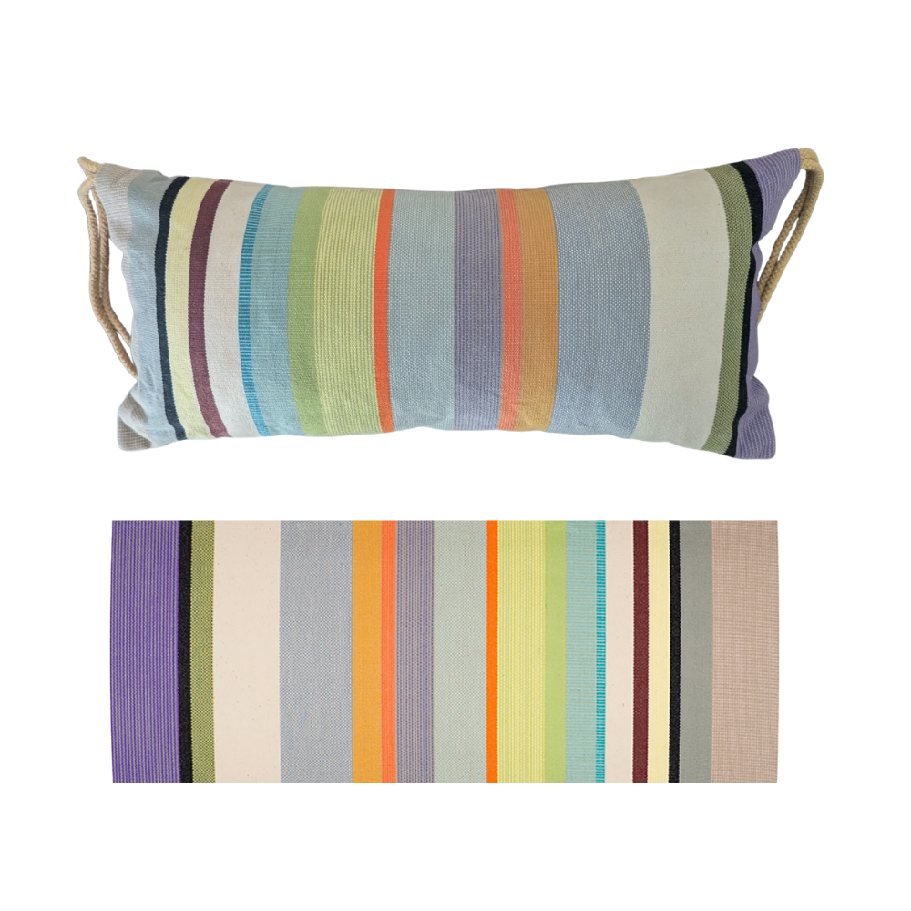 A rectangular lumbar throw pillow with a multicolor striped pattern and rope handles on the sides, shown above a flat rectangular view of the same striped fabric pattern on a white background.