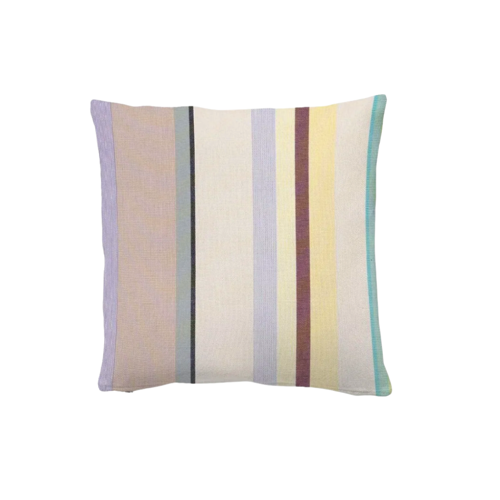 A square decorative throw pillow with a textured linen-like fabric, featuring vertical stripes in muted pastel shades of beige, lavender, gray, yellow, and teal on a solid white background.
