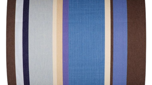 Striped cotton fabric called Saint Cyprien by Les Toiles du Soleil, featuring soft blues, warm earth tones, and creamy neutrals.
