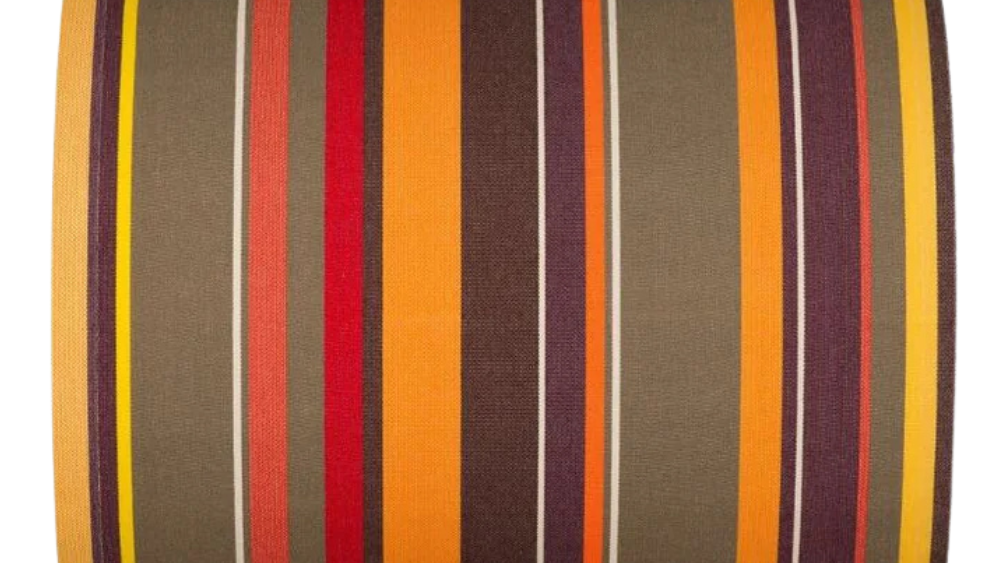 Multi striped cotton fabric one white background. Featuring khaki, yellow, red, orange and brown colours