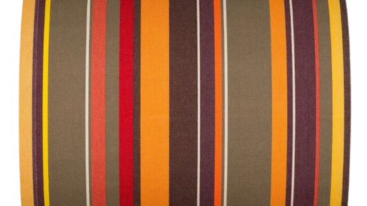 Multi striped cotton fabric one white background. Featuring khaki, yellow, red, orange and brown colours