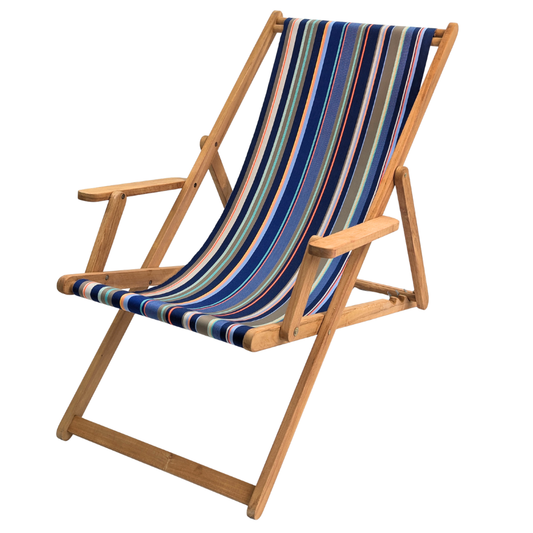 Teak deckchair with arms featuring a Sunbrella Les Toiles du Soleil fabric. Multi-striped blues, grey, navy, and pink. Featured on a white background