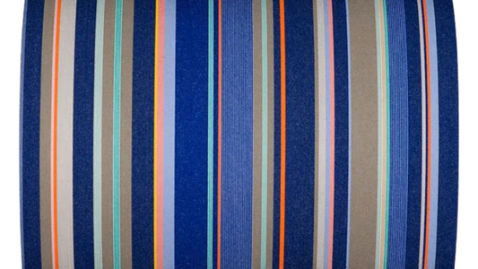 Multicoloured striped fabric featuring shades of blue, grey, orange, pink in different sized stripes