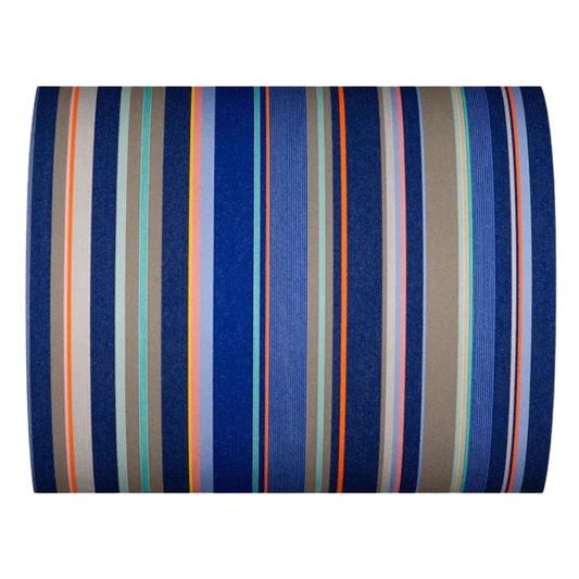 St Vincent Roy a striped Les Toiles du Soleil cotton fabric featuring a deep navy ground with varied stripes of cobalt blue, warm taupe/khaki, silver grey, turquoise, orange and soft pink/peach accent lines. 