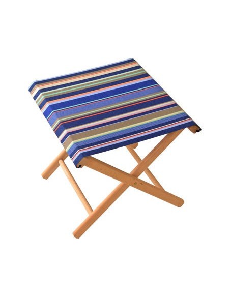wooden folding stool. with St Vincent Roy striped Les Toiles du Soleil cotton fabric slip. Featuring a deep navy ground with varied stripes of cobalt blue, warm taupe/khaki, silver grey, turquoise, orange and soft pink/peach accent lines. 