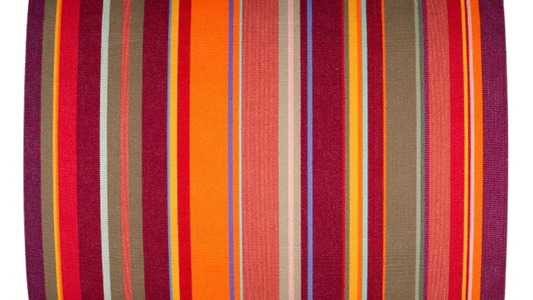 Colourful striped fabric with  red, orange, and multicolour stripes on a white background