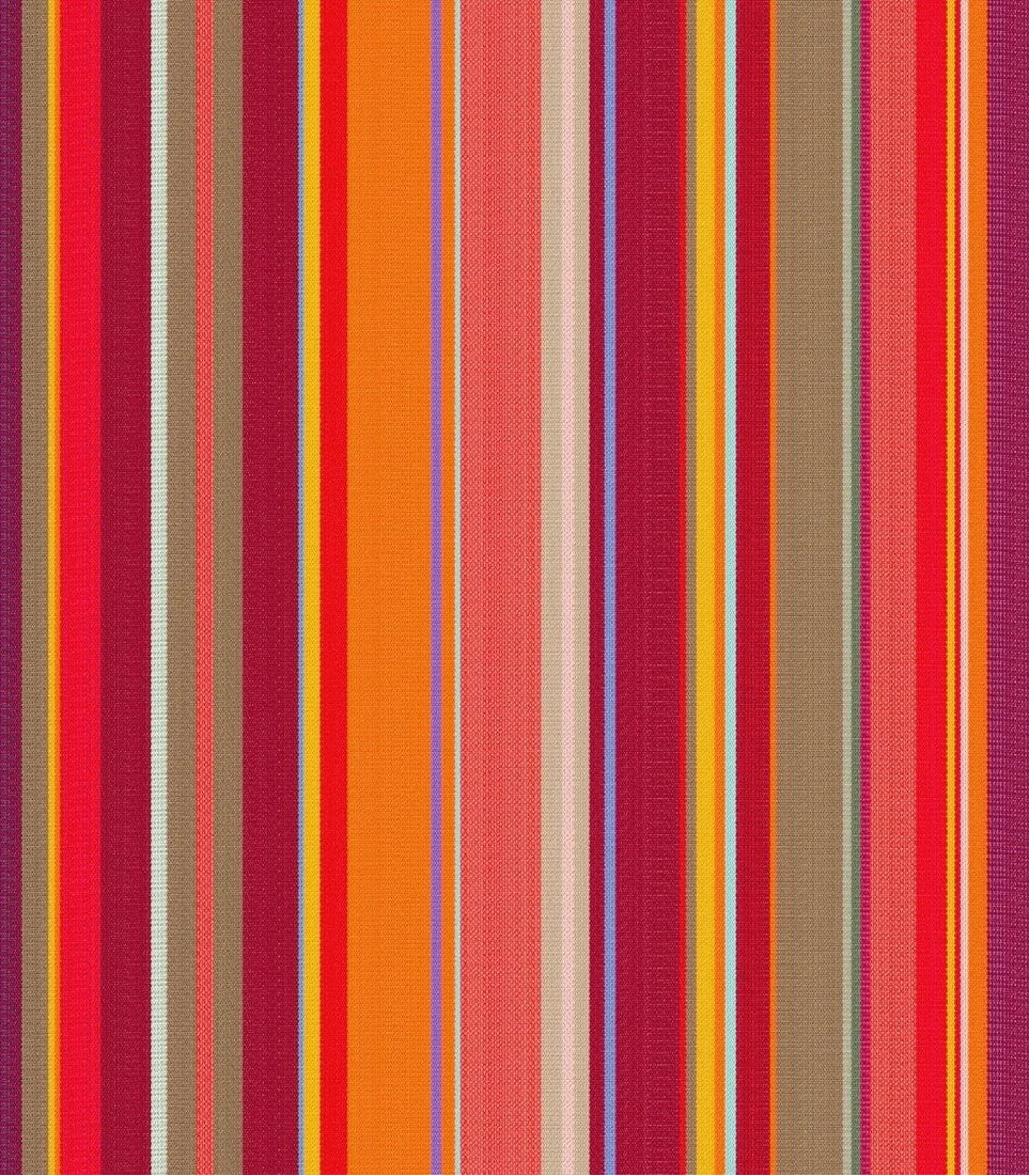 Close up of 43cm cotton Fabric in St Vincent Rouge, featuring a multicoloured striped pattern with various bands in reds, orange, purple, browns and different colours, indicating a vibrant and lively design. By Les Toiles du Soleil