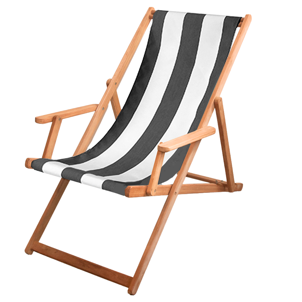A teak folding deck chair with a charcoal and white striped fabric sling seat and backrest, shown on a plain white background.