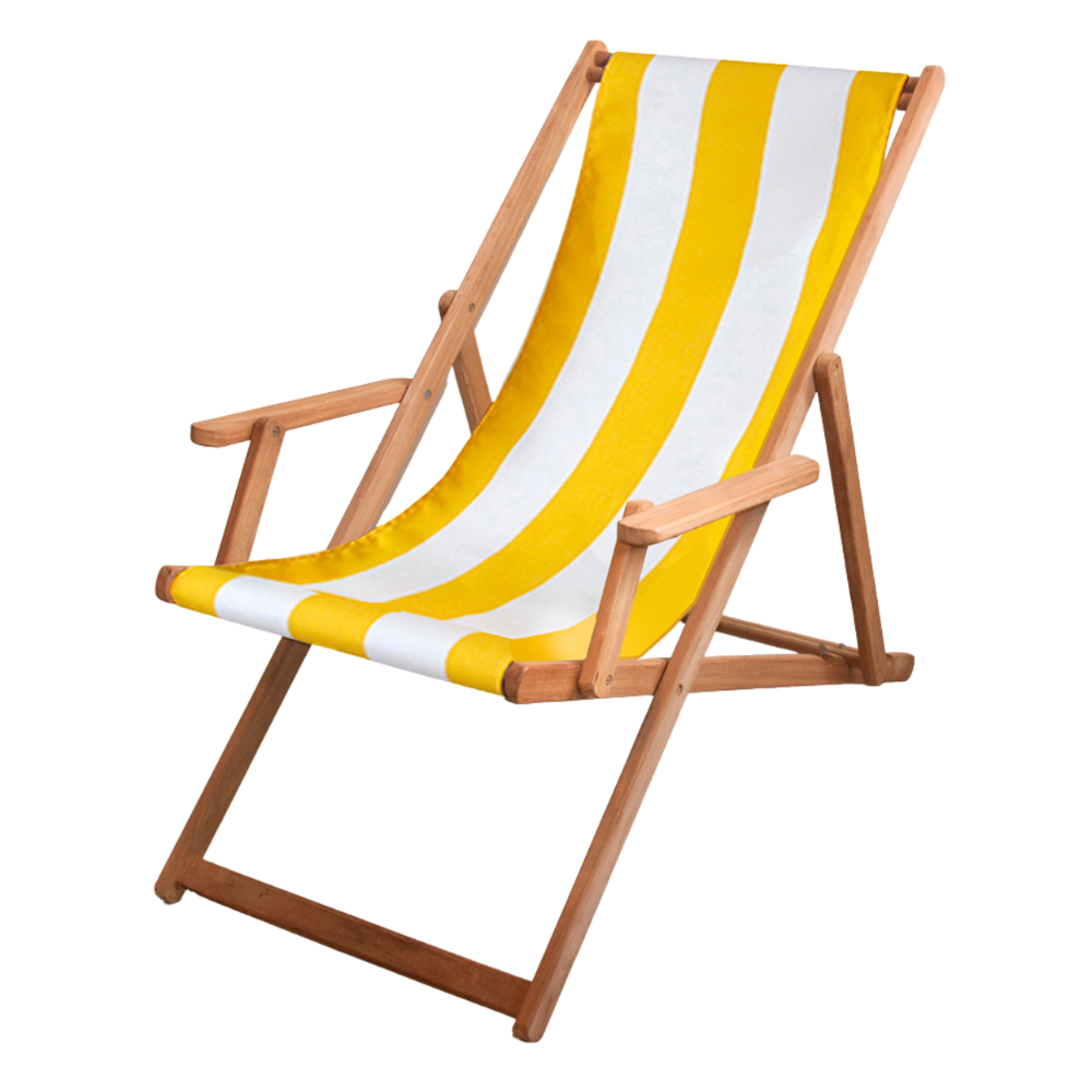 A teak frame deckchair with sunbrella waterproof yellow and white striped fabric, featuring armrests and a flat seat.