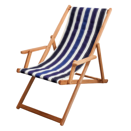 ici et la deckchair with made from Petit Sellier. A fabric featuring a striped pattern with various bands in different shades of blue. A detailed 100% cotton weave by by Les Toiles du Soleil