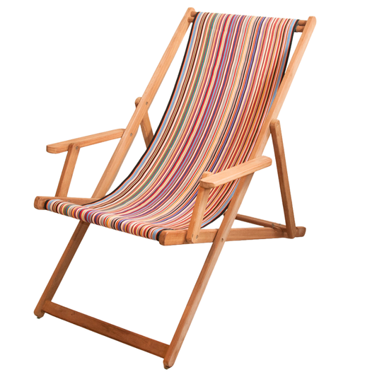 ici et la deckchair with Tom Multi fabric featuring a multicoloured striped pattern with various bands in different colours, indicating a vibrant and lively design. By Les Toiles du Soleil