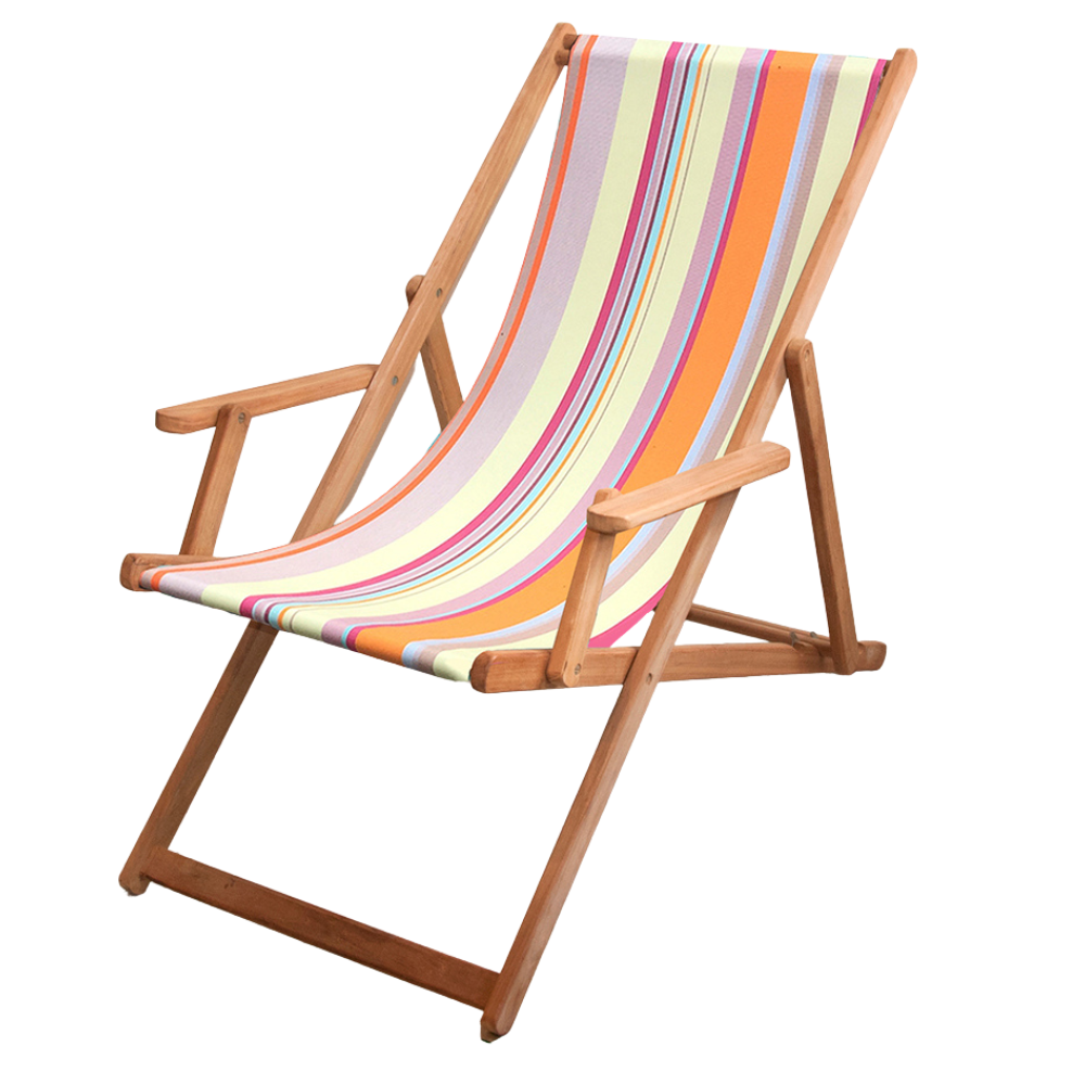 Ici et la teak deckchair with arms. June Sunset sunbrella waterproof fabric sling featuring yellow, green, orange blue and lavender stripes