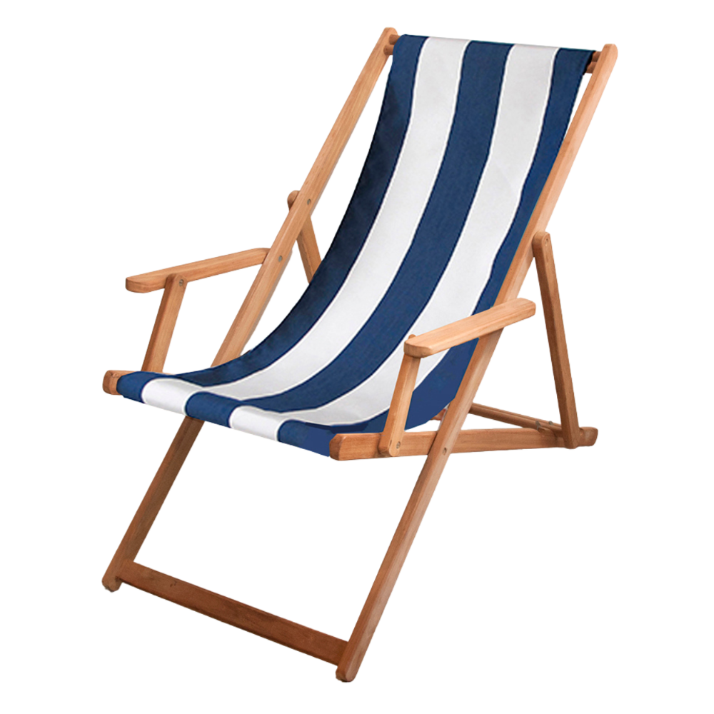 Ici et La teak deckchair with Arms in Sunbrella Navy & cream striped outdoor fabric sling