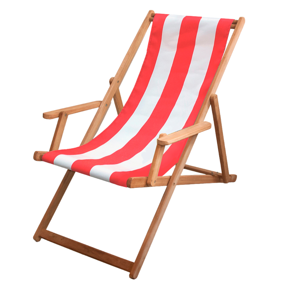 Ici et la teak foldable deckchair with Sunbrella read and white striped fabric sling