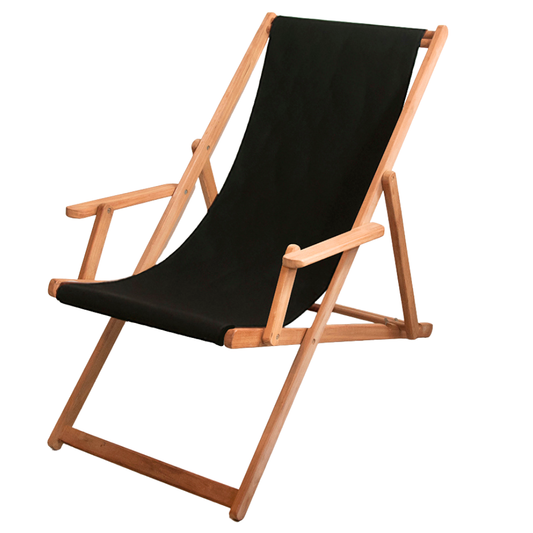 Featuring a Black Sunbrella outdoor acrylic fabric on a teak deckchair with arms deckchair. Shown in a reclined position on a white background