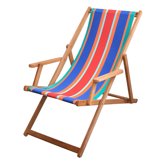 Teak deckchair with arms featuring a vibrant cotton Les Toiles du Soleil fabric of blue, orange, turquoise, and red. Wooden deckchair placed on a white background