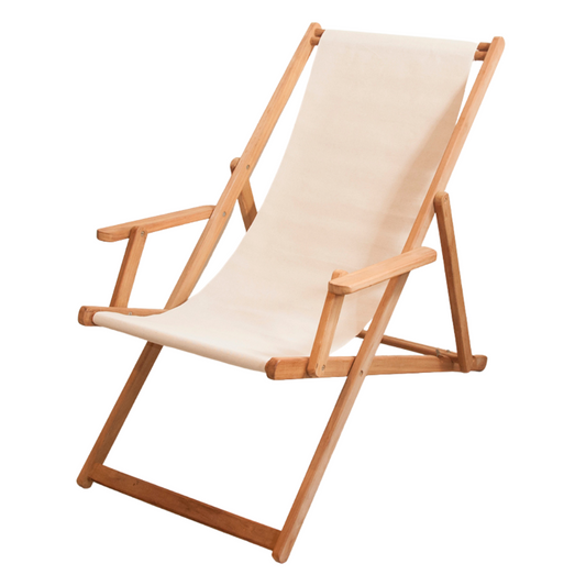 Teak wooden deckchair with arms featuring a Sunbrella waterproof natural coloured sling